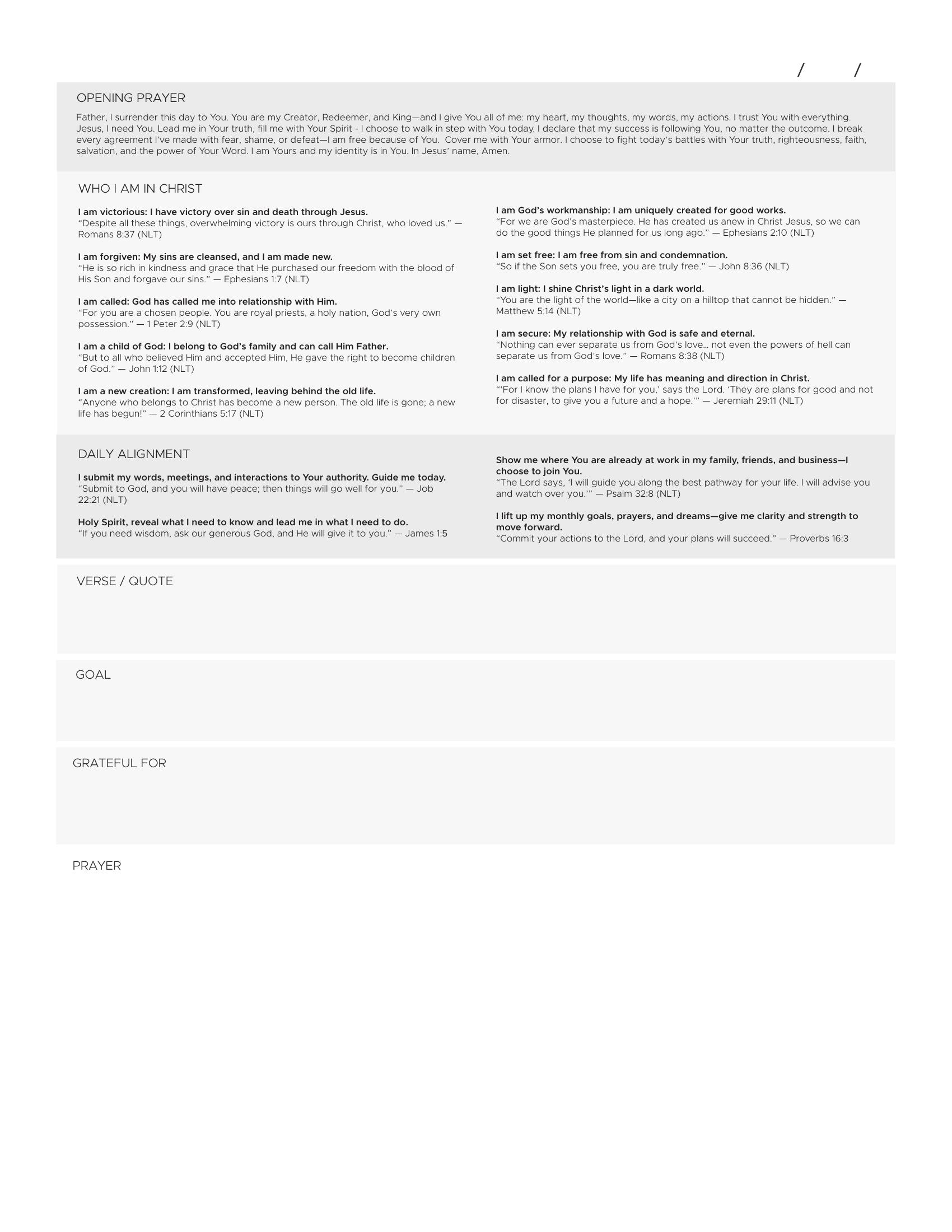 Daily alignment page with opening prayer, identity declarations, and daily alignment