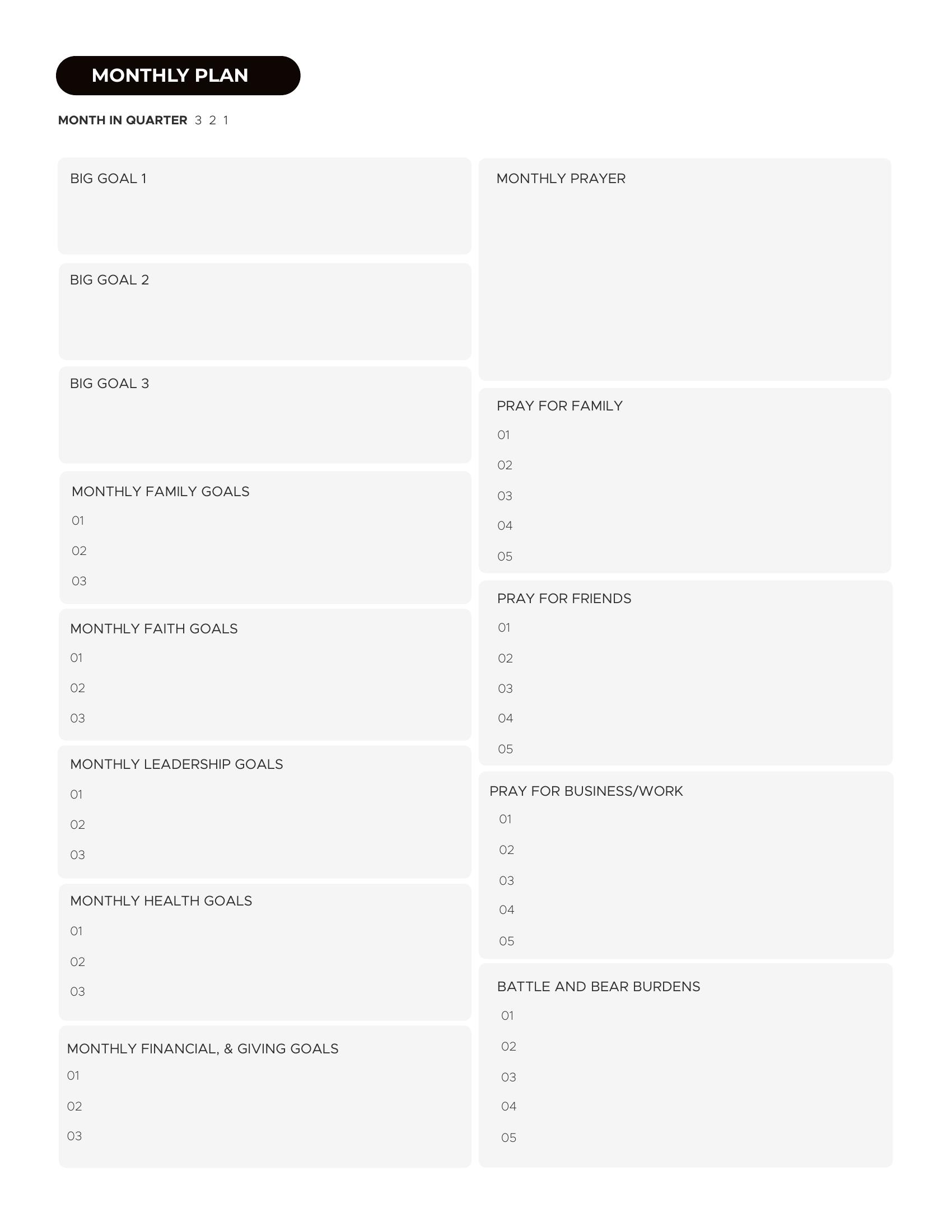 Monthly plan with goals by category and prayer lists