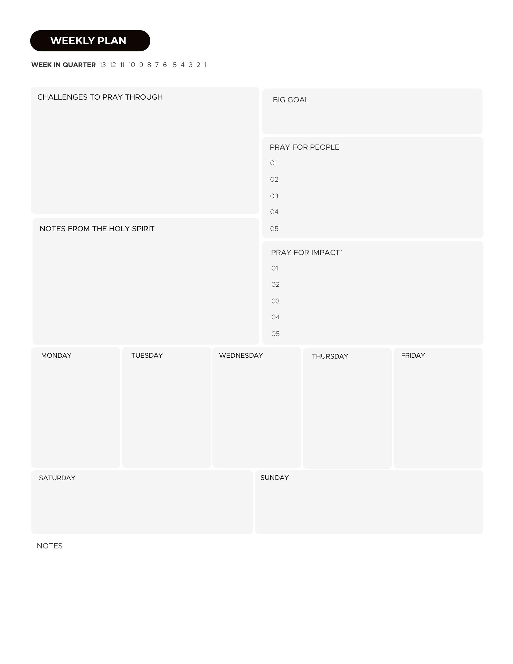 Weekly plan with prayer, Holy Spirit notes, and day-by-day layout