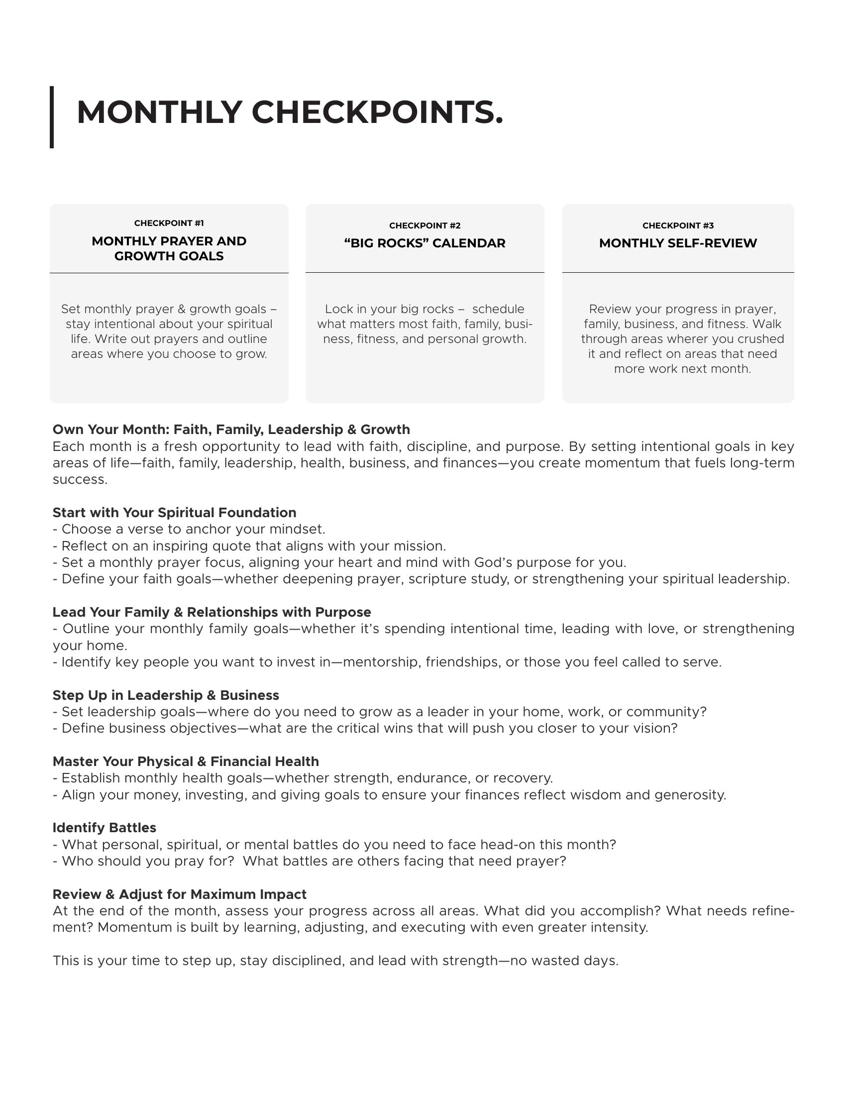 Monthly checkpoints: prayer, calendar, and review